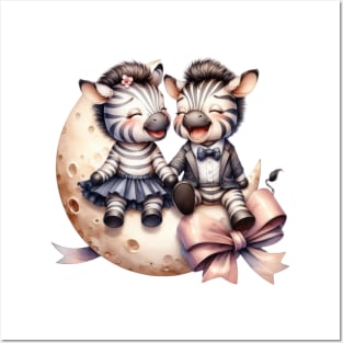 Valentine Happy Zebra Couple On Moon Posters and Art